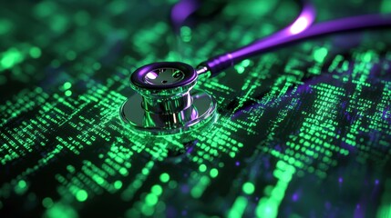 Futuristic healthcare: a stethoscope shines under holographic green and purple code, representing digital diagnostics.