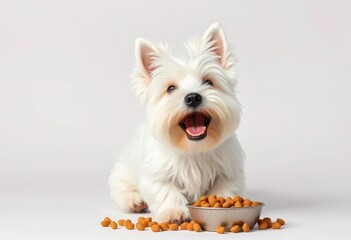 Fluffy West Highland White Terrier happily eating kibble in a studio shot against a solid background, canine, dog