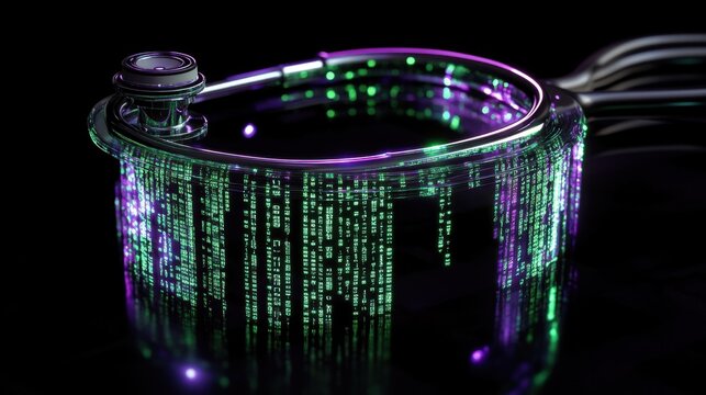 Futuristic healthcare: a stethoscope shines under holographic green and purple code, representing digital diagnostics. - Powered by Adobe