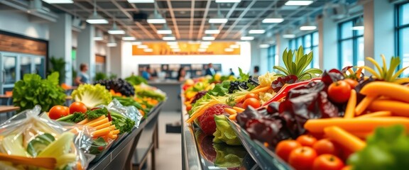 Fresh organic salad bar in bright corporate cafeteria, local food, clean eating