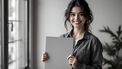 Positive lady showcasing an empty discount poster