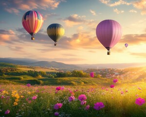 Fototapeta premium Colorful Hot Air Balloons Ascending Over a Field of Pink Cosmos Flowers at Sunrise