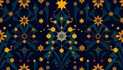 Geometric Art Deco Christmas tree pattern with gold accents and festive elements, elegant, gold