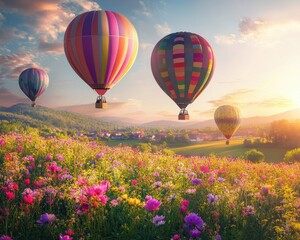 Fototapeta premium Colorful Hot Air Balloons Soaring Over a Vibrant Flower Field at Sunrise