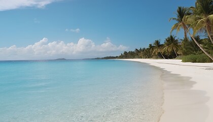 A tranquil tropical beach scene featuring crystal-clear turquoise water lapping gently at a pristine white sand beach.