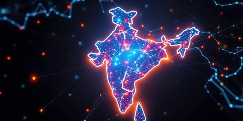 Glowing India map highlighting digital network connectivity, futuristic technology,  India technology, network