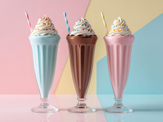 milkshakes in classic tall soda fountain glasses, placed on a pastel background.