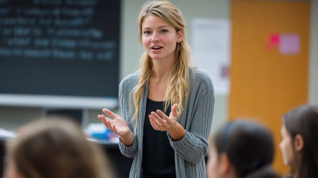 In a contemporary classroom, illuminated by soft, ambient lighting, a teacher engaged in a stimulating discussion with her small class, her voice resonating with intellectual curiosity, as they