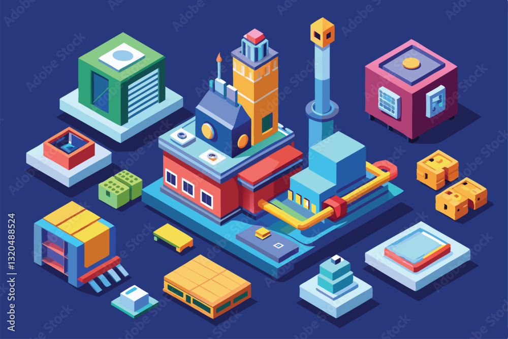 Poster a dynamic array of customizable isometric static assets depicts an engaging industrial complex layou