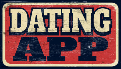Aged and worn dating app sign on wood