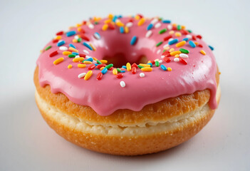 A delicious and testy pink chocolate donut with sprinkles 