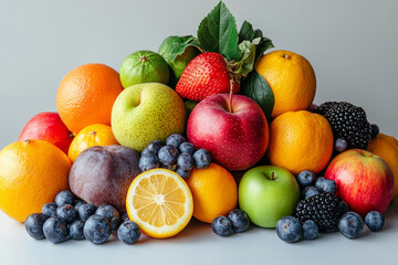 Fresh fruits including apples, oranges, and berries