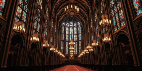 Grand cathedral interior, stained glass, chandeliers, aisle, spiritual, chandelier
