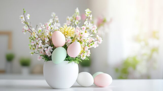 Pastel Easter Eggs and Spring Flower Arrangement in White Pot - Powered by Adobe