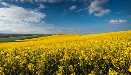 Obraz premium bright yellow flowering rapeseed on a wide hilly field under a blue cloudy sky in good weather