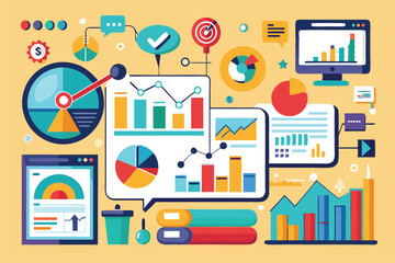 Fototapeta premium The visual displays a range of colorful charts and graphs used for analyzing statistics and data trends, Statistics and infographics, data visualization,