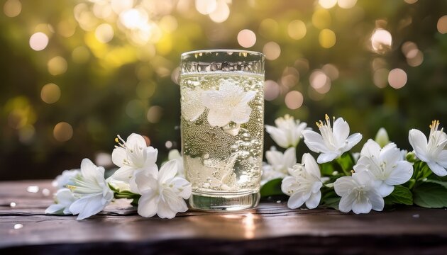a refreshing beverage adorned with delicate white flowers featuring effervescence and a soft inviting ambiance