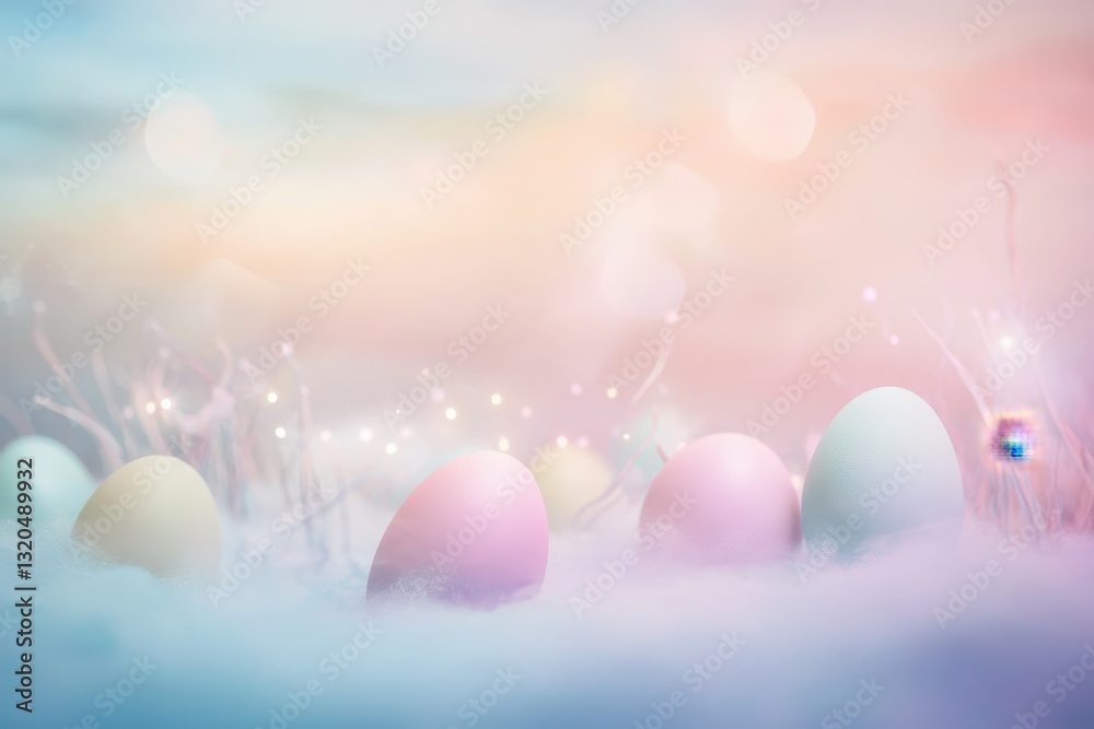 Poster pastel easter eggs in soft snow with sparkling lights