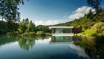 Obraz premium a contemporary house sits on a tranquil lake surrounded by lush greenery