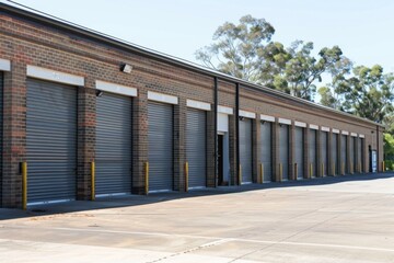 Fototapeta premium A sequence of closed roller shutter doors on a warehouse, captured during the soft glow of twilight, highlighting industrial functionality.