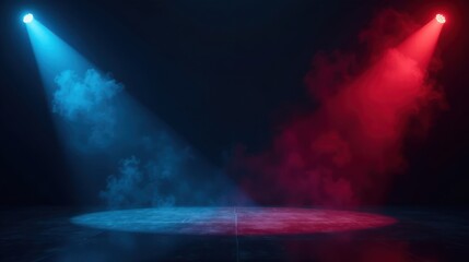 Dramatic Stage Lighting with Blue and Red Smoke Effects on a Dark Floor