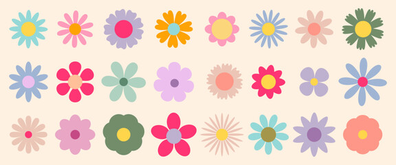 Set of abstract Daisy flowers. Chamomile flat icon, cartoon retro spring flowers. Geometric flower set. Abstract minimal daisy elements. Botanical summer elements, natural bloom petal. Floral design