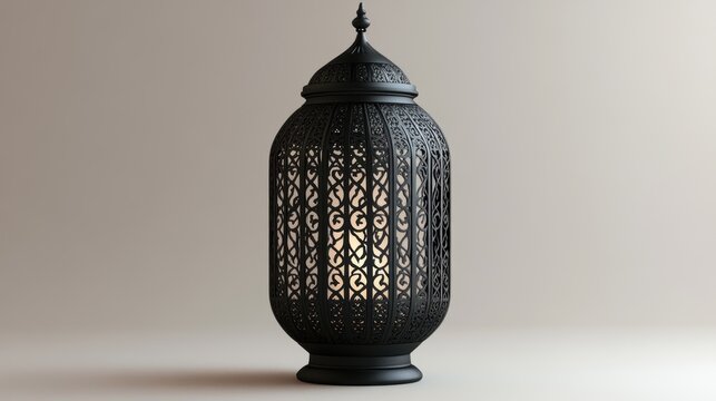 A traditional black Arabic lantern, its intricate design glowing faintly against a pristine, transparent backdrop, stands as a symbol of Ramadan spiritual significance.