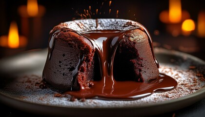 decadent chocolate lava cake with a gooey center insane details food photography generative ai