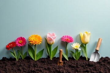 Obraz premium Vibrant Spring Blooms Ready for Planting in Rich Soil with Gardening Tools