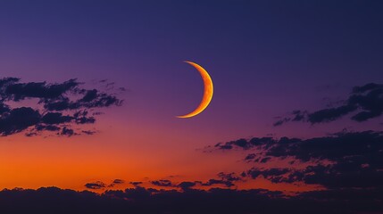 As the sun dipped below the horizon, painting the sky in hues of orange and purple, a sliver of the crescent moon, the Hilal, pierced the clouds, casting an ethereal glow upon the tranquil scene.