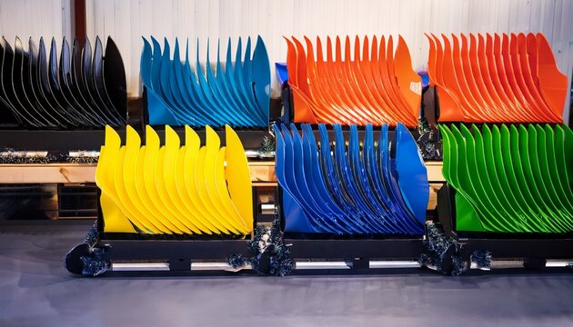 innovative design of colorful snow plow blades on display in workshop