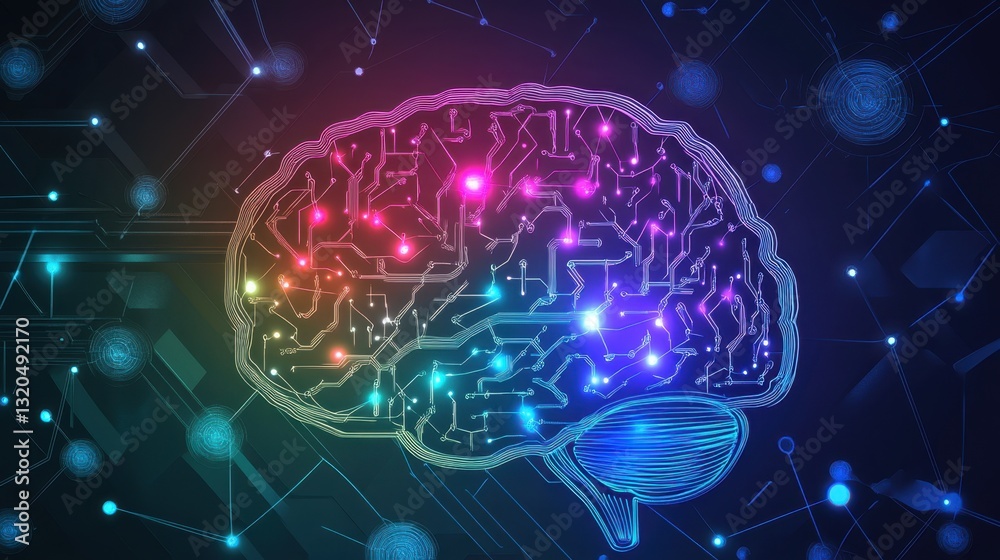 Poster high-tech digital brain with pulsating neural connections, deep-learning pathways shining in neon hu