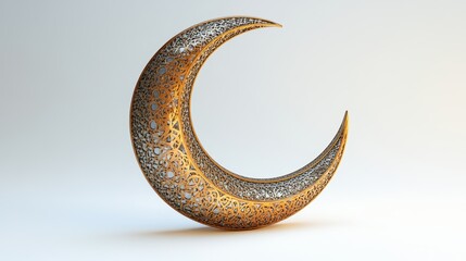 A crescent moon, adorned with intricate metallic patterns, stood majestically against a pristine white backdrop, a symbol of the joyous occasion of Ramadan Eid.