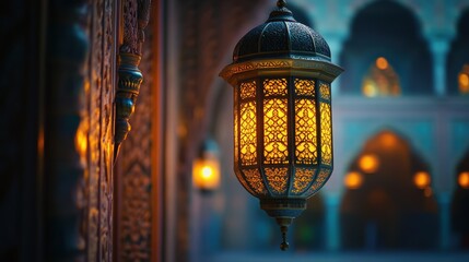 A radiant Islamic lantern, casting a warm glow upon the intricate facade of an ornate mosque, bathed in the soft hues of the approaching Ramadan, Eid al Fitr, or Adha, inviting viewers to contemplate