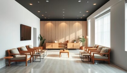 Fototapeta premium Minimalist modern salon with sleek wooden furniture and neutral tones, furniture, wooden furniture
