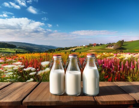 three glass bottles of milk are placed on a rustic wooden table surrounded by vibrant flowers and a picturesque farm under a clear sky