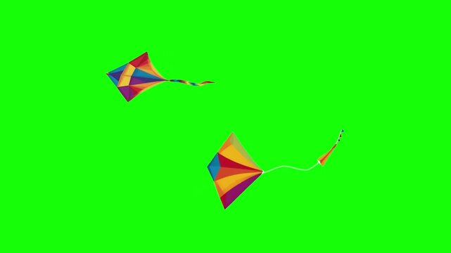 Two colorful flying kites with long tails soars in the air, cartoon, footage, mockup, loop, chroma key	