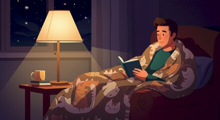 Cozy Night Reading Man Relaxing in Cat Blanket by Lamplight