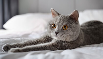 Naklejka premium cute grey cat with folded ears stretching on bed
