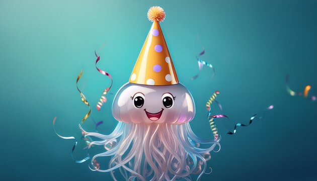 cute jellyfish wearing a party hat with a cheerful expression
