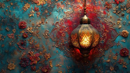 A vibrant background adorned with intricate arabesque patterns, delicate calligraphy, and the warm glow of lanterns, signifying the auspicious occasion of Ramadan and the joyful celebration of Eid.