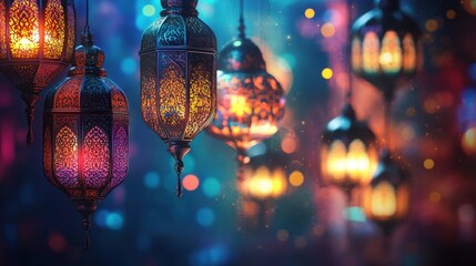 A vibrant background adorned with intricate arabesque patterns, delicate calligraphy, and the warm glow of lanterns, signifying the auspicious occasion of Ramadan and the joyful celebration of Eid.