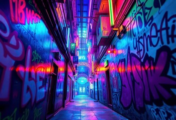 Neon-drenched alleyway, intricate graffiti, futuristic architecture, mystical energy, futuristic, design