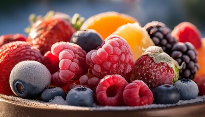 a vibrant close up of assorted frozen berries and fruits showcasing their rich colors and textures illuminated by soft sunlight