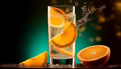 a tall glass filled with sparkling water and fresh orange slices creates a vibrant display