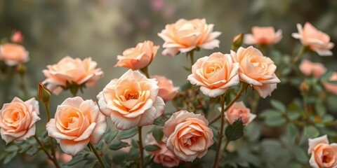 Peach roses bloom softly in a misty, ethereal garden, flowers, texture