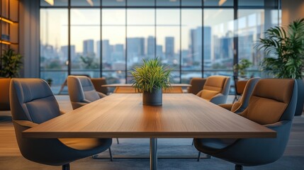 A spacious, modern office, bathed in soft, warm light, features a sleek wooden table surrounded by comfortable seating. Panoramic windows frame breathtaking city views, while the blurred background