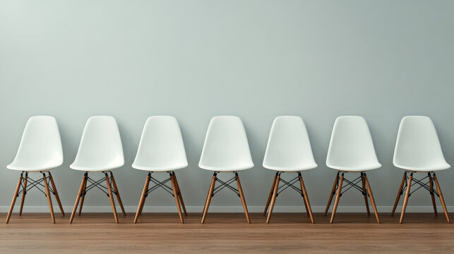 Elegant row of pristine white chairs perfectly arranged for guests in a classy and minimalist room environment