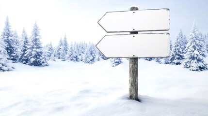 Empty Wooden Signpost in Lonely Winter Landscape with Snowy Trees and Blank Arrows