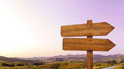 Empty Wooden Signpost with Two Blank Arrows in a Serene Landscape Under a Soft Purple Sky